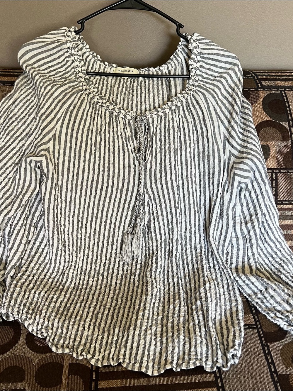 Max Studio Striped Peasant Blouse - White & Gray
